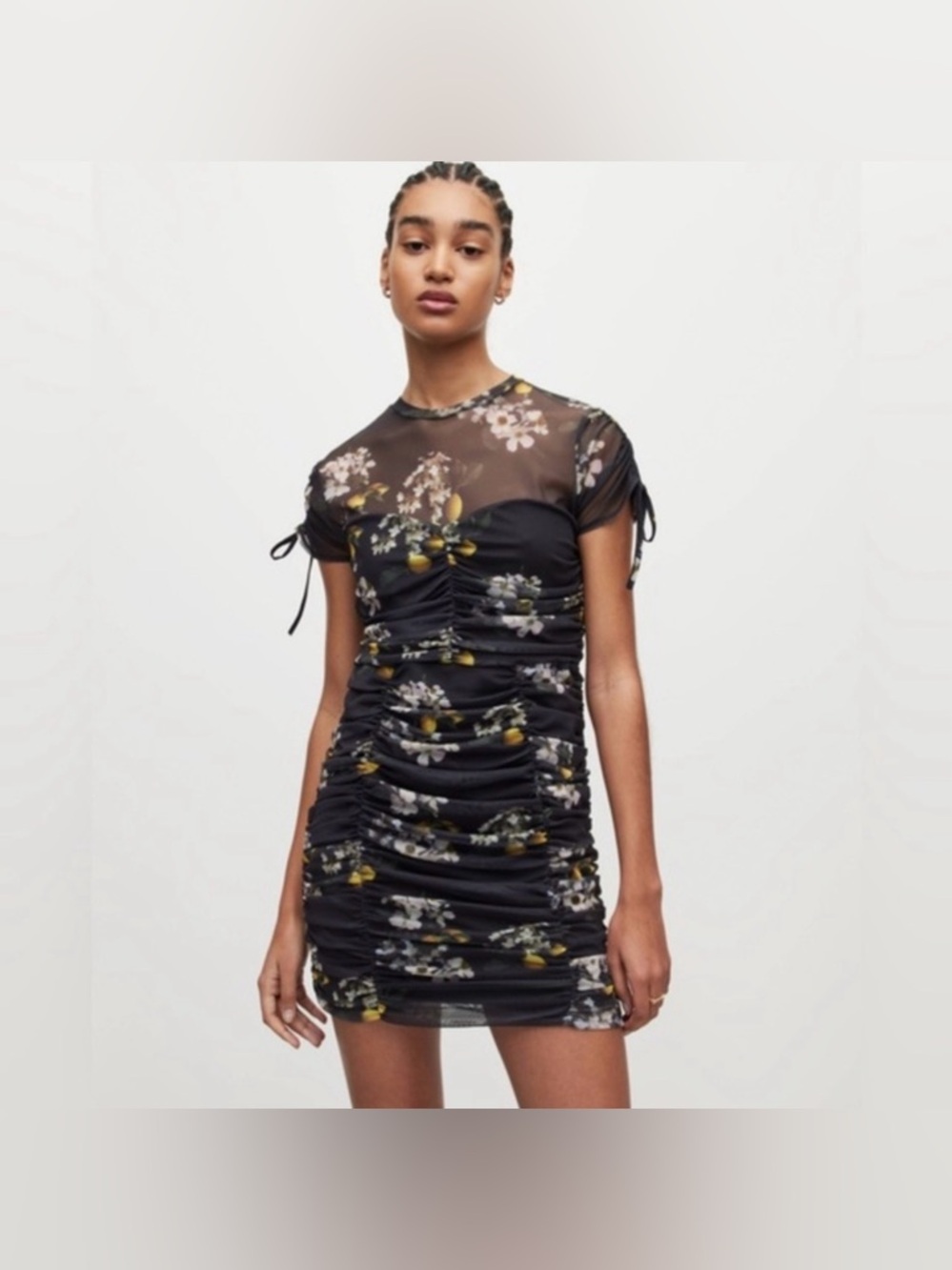 All Saints Giorgia Eugenia Lemon Print Ruched Mini Dress Size 12 Mesh